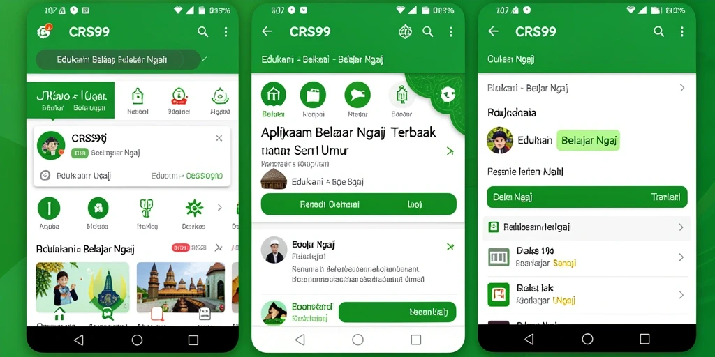 Tampilan antarmuka aplikasi belajar ngaji CRS99 dengan fitur interaktif.