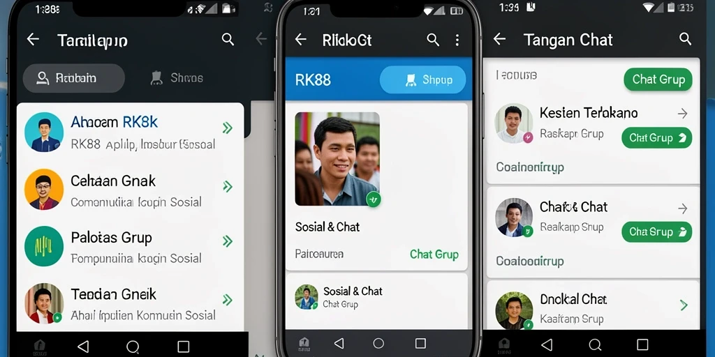 Antarmuka aplikasi RK88 menampilkan fitur Chat Grup yang interaktif.